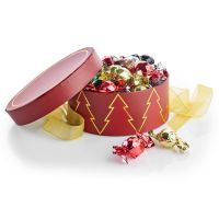 Rund Hatteæske -  Mixed Chokoladekugler STOR 600g_motiv: Rød Juletræ 2060-2335