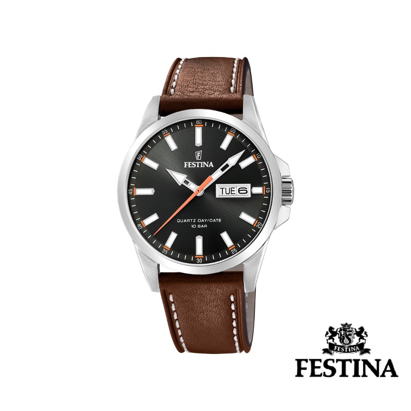 Festina Classic Herreur - sort skive & brun læder