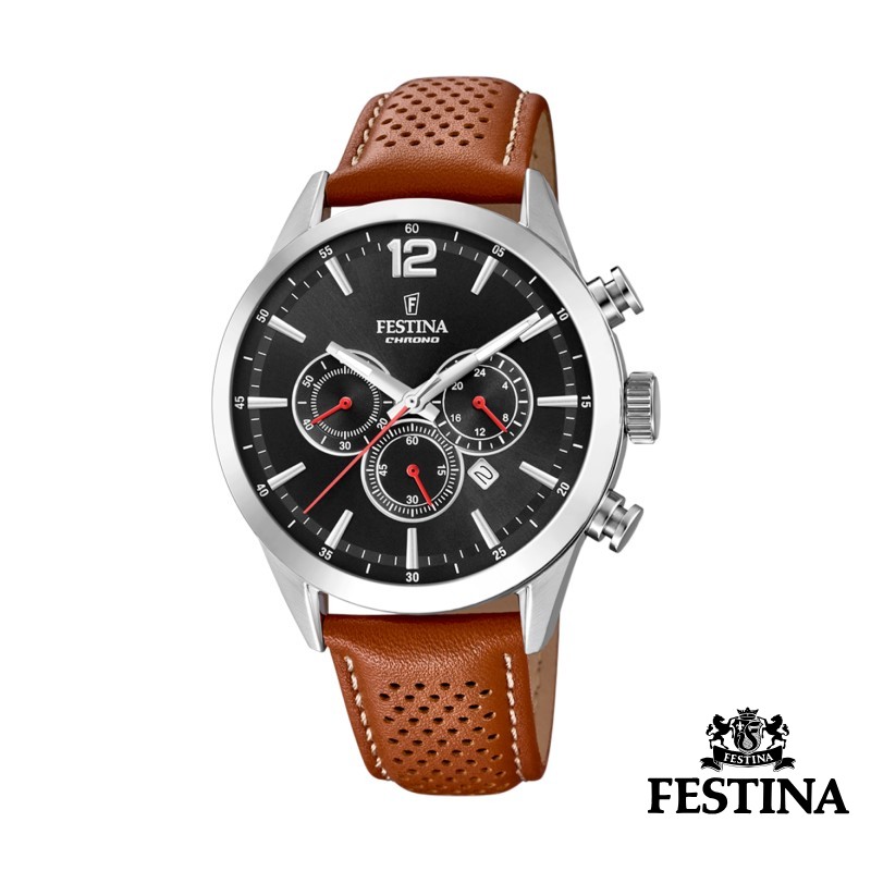 Festina CHRONO Herreur - sort skive & brun rem