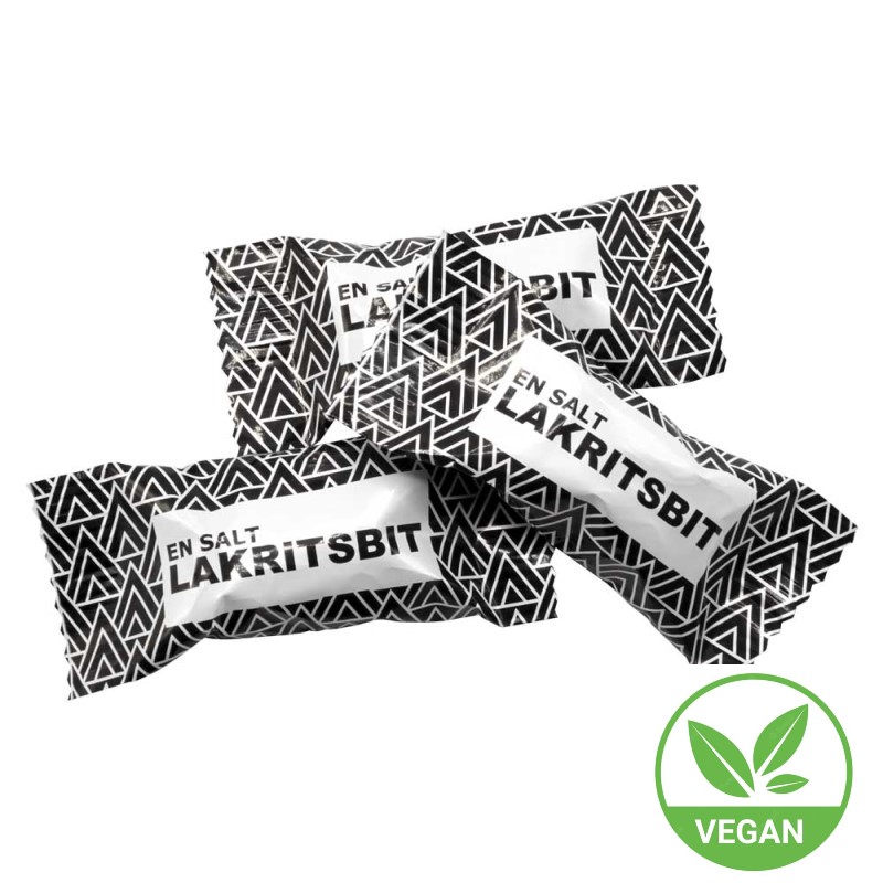 Flowpakkede lakridser med eget logo - Vegansk